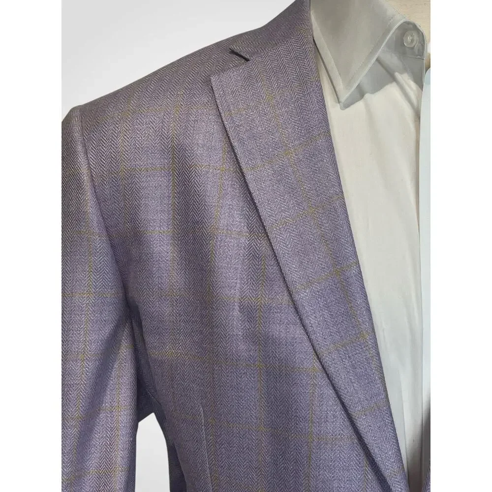 Paul Fredrick Blazer 50R Purple Lavender Camel Gold Plaid Herringbone Silk Wool